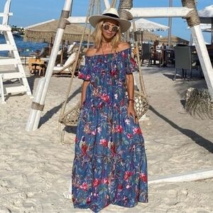 Gaudalupe Smocked Blue Floral Tropical Bird Off The Shoulder Maxi Dress Size L